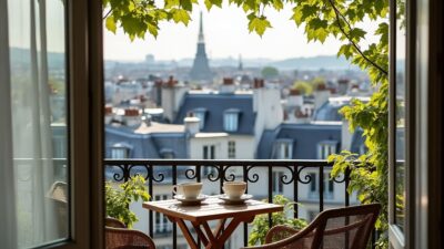 Panorama depuis un balcon sur les toits parisiens, parfait pour une pause-café ou un moment de relaxation.