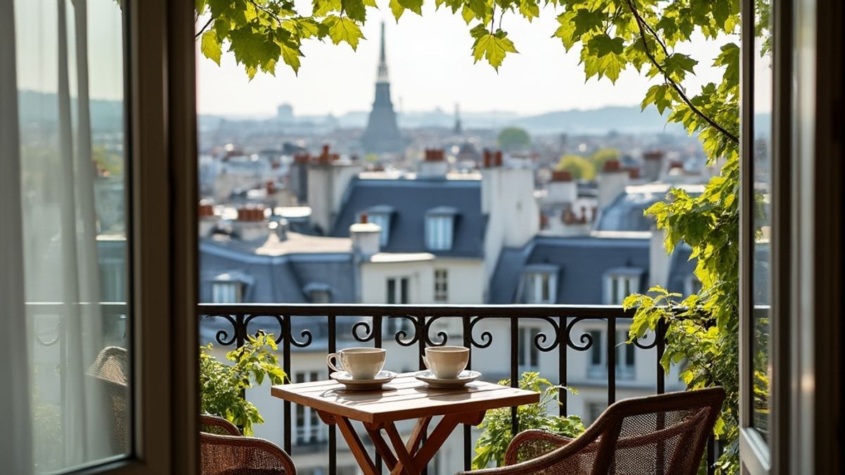 Panorama depuis un balcon sur les toits parisiens, parfait pour une pause-café ou un moment de relaxation.