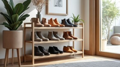 Étagère avec chaussures élégantes et décor à l'entrée
