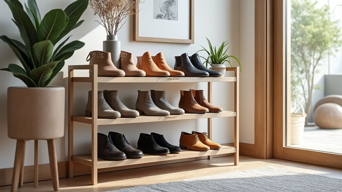 Étagère avec chaussures élégantes et décor à l'entrée